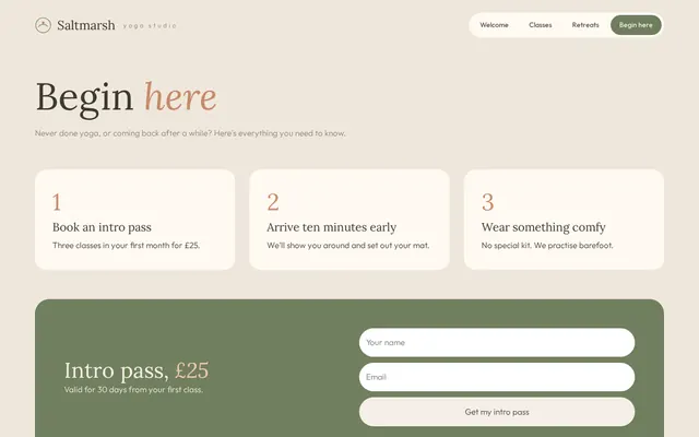 Saltmarsh Yoga Studio sample design, screenshot 2