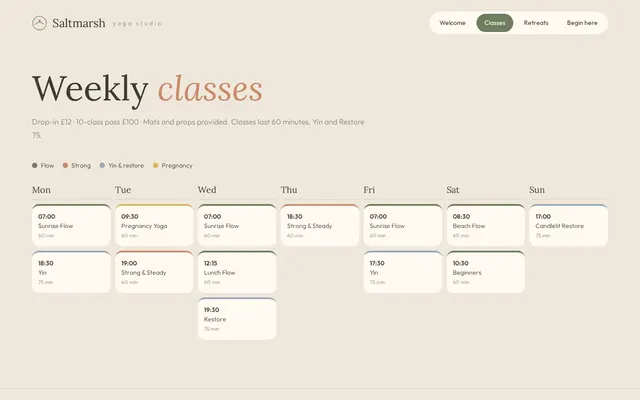 Saltmarsh Yoga Studio sample design, screenshot 3