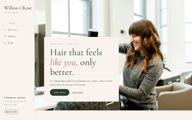 Willow & Rose Hair Studio sample design, home page