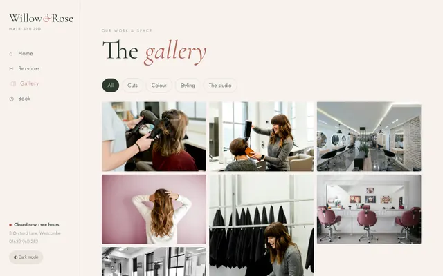 Willow & Rose Hair Studio sample design, screenshot 4