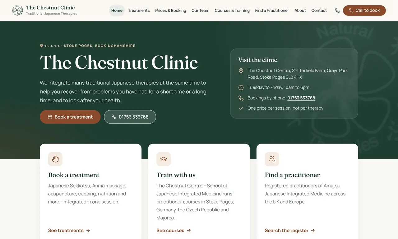 The Chestnut Clinic website home page, with a deep green header, clinic visiting details and links to treatments, training and the practitioner register