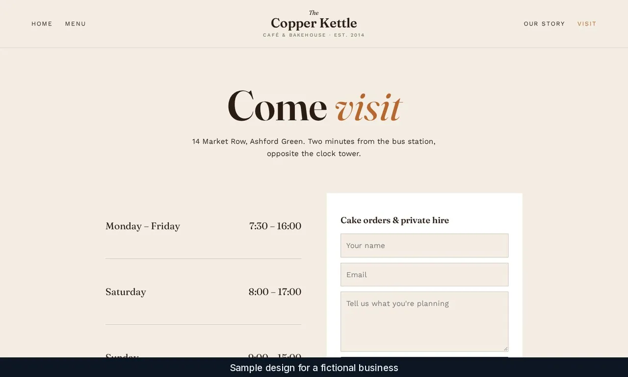 Copper Kettle Café visit page with opening hours and a cake order form