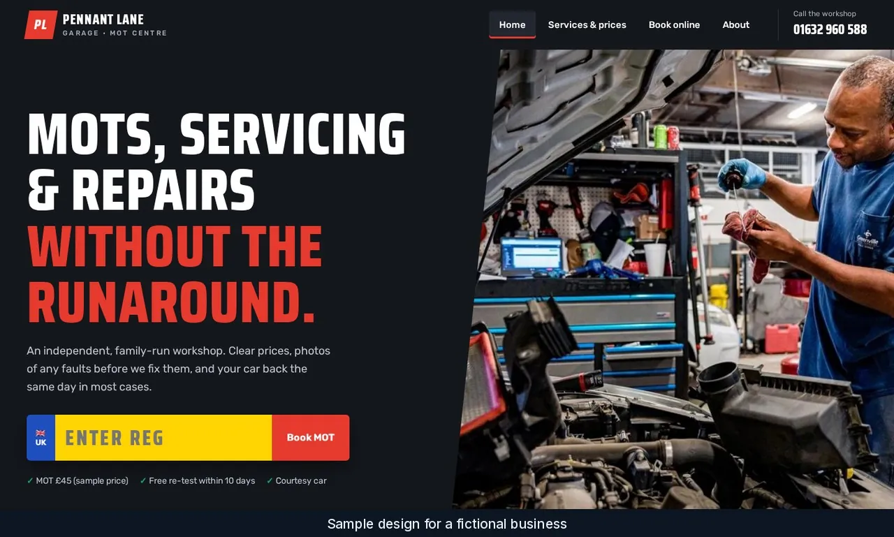Pennant Lane Garage sample home page with a registration entry box