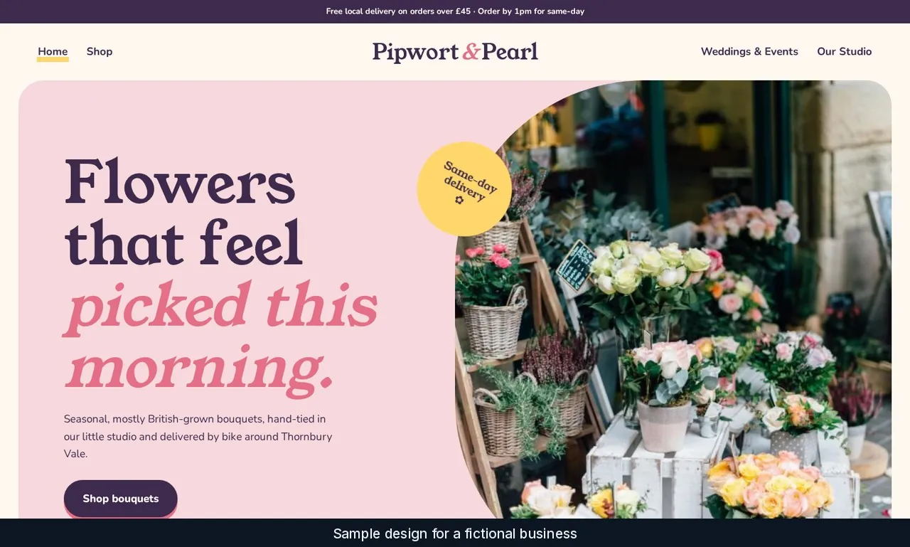 Pipwort & Pearl sample home page with the headline Flowers that feel picked this morning